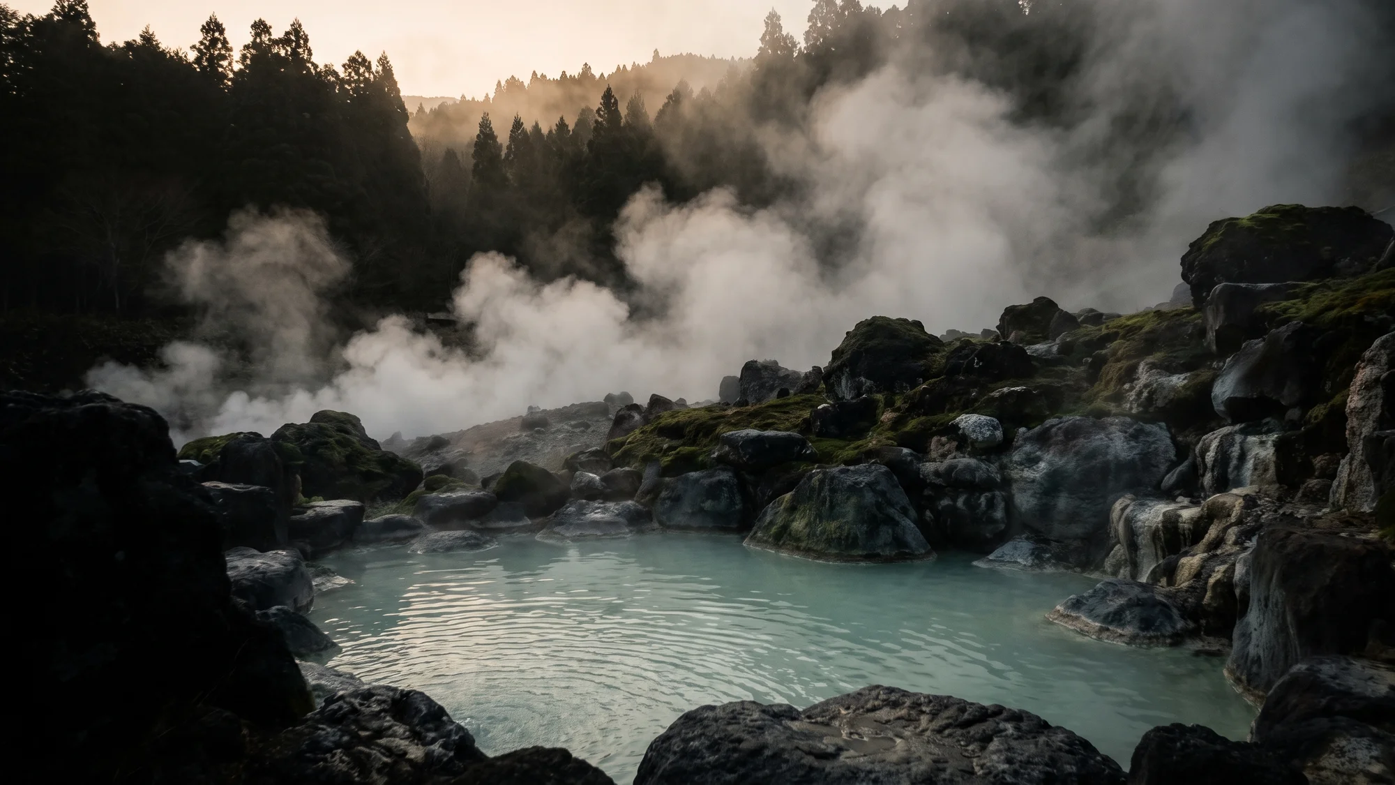 Imagined mineral-green hot spring with steam rising between volcanic rocks and cedar trees.
