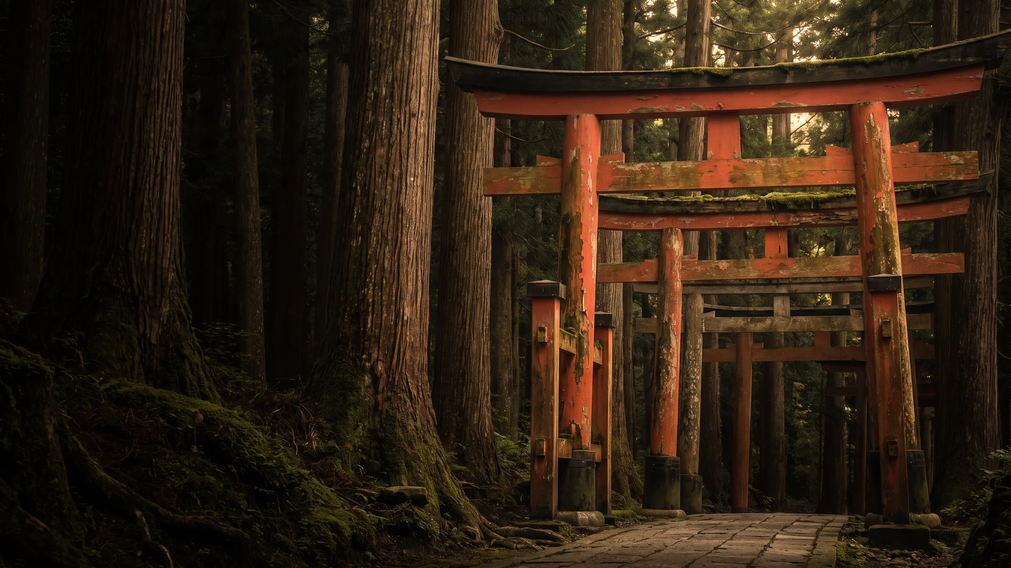 Imagined weathered vermilion torii beside a mossy path in a dark cedar grove.