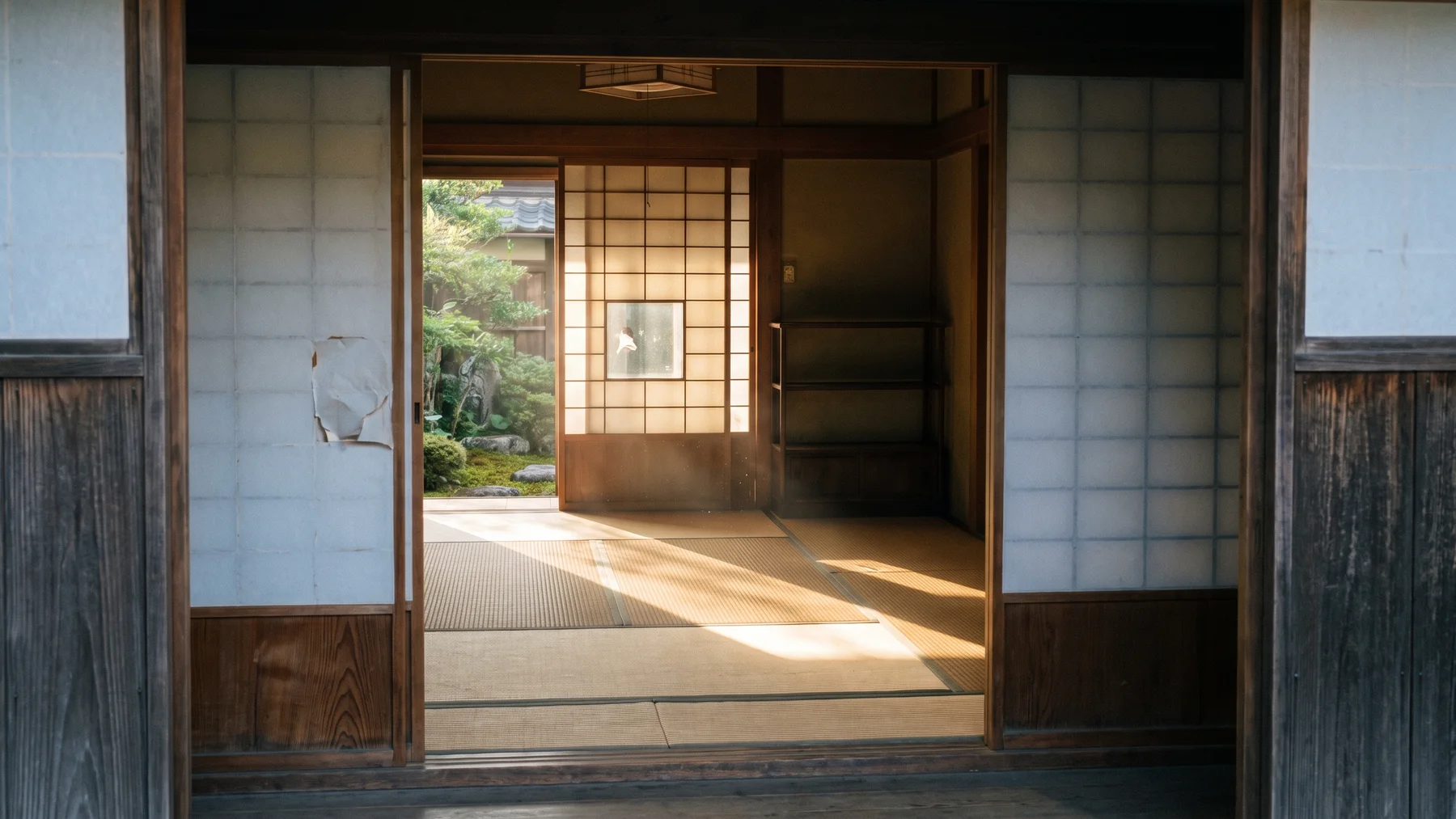 Imagined vacant Japanese house interior with tatami floors, open sliding doors and afternoon light.