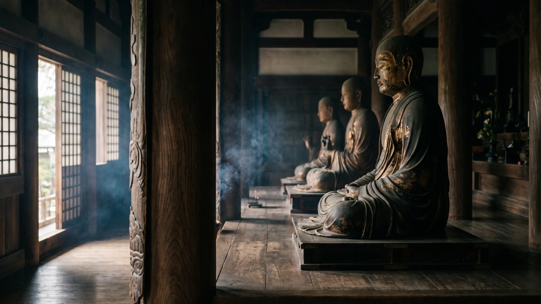 Imagined Buddhist temple interior with carved wooden figures receding along an altar in soft side light.