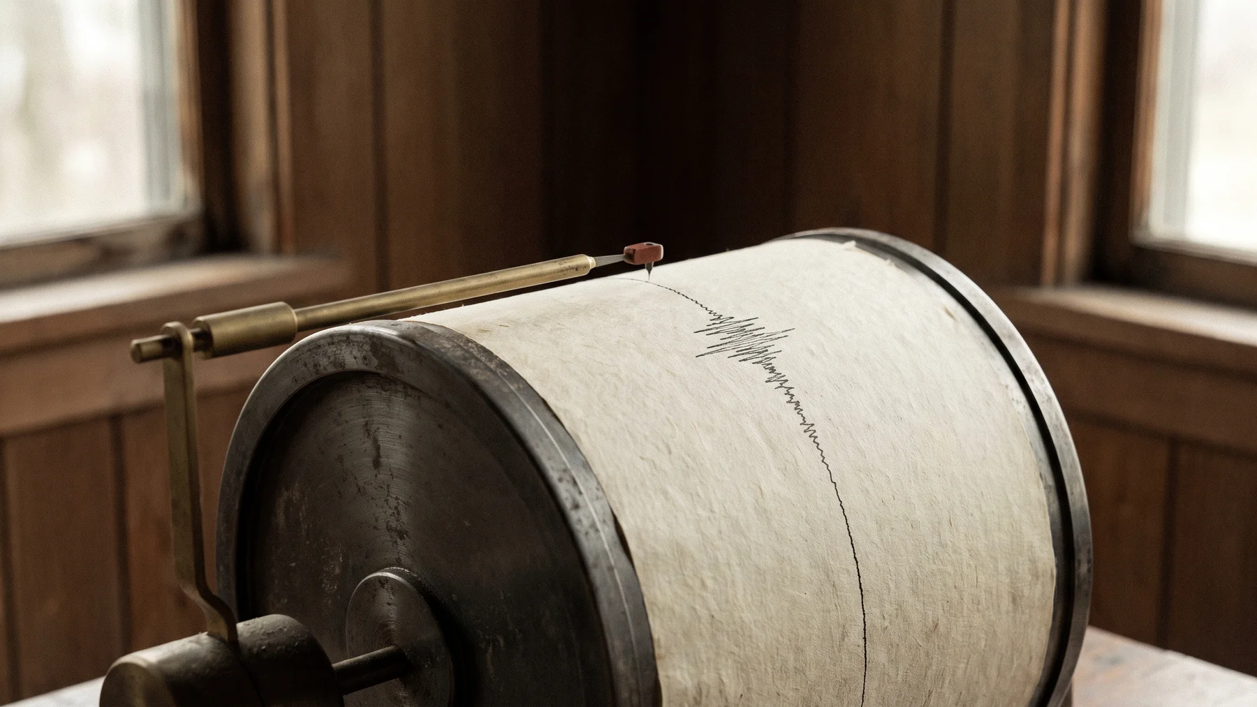 Conceptual analog seismograph with a stylus and an oscillating line on a paper-covered drum.
