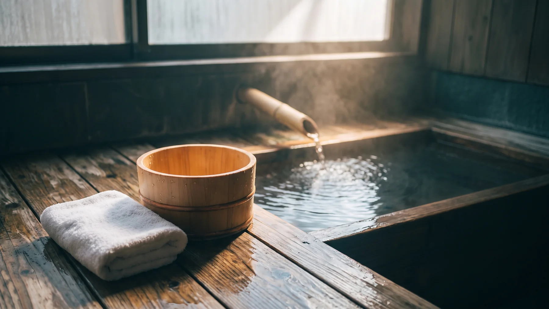 Imagined hinoki bucket and folded towel beside an indoor wooden bath, with daylight catching the water and steam.