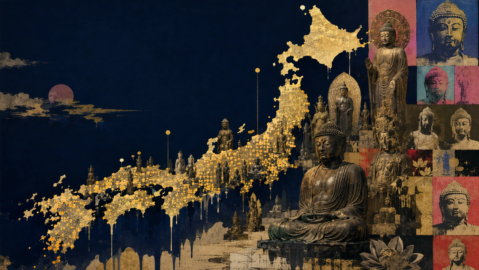 Gold silhouette of Japan alongside Buddhist sculptures and colorful Buddha portraits on a deep blue background