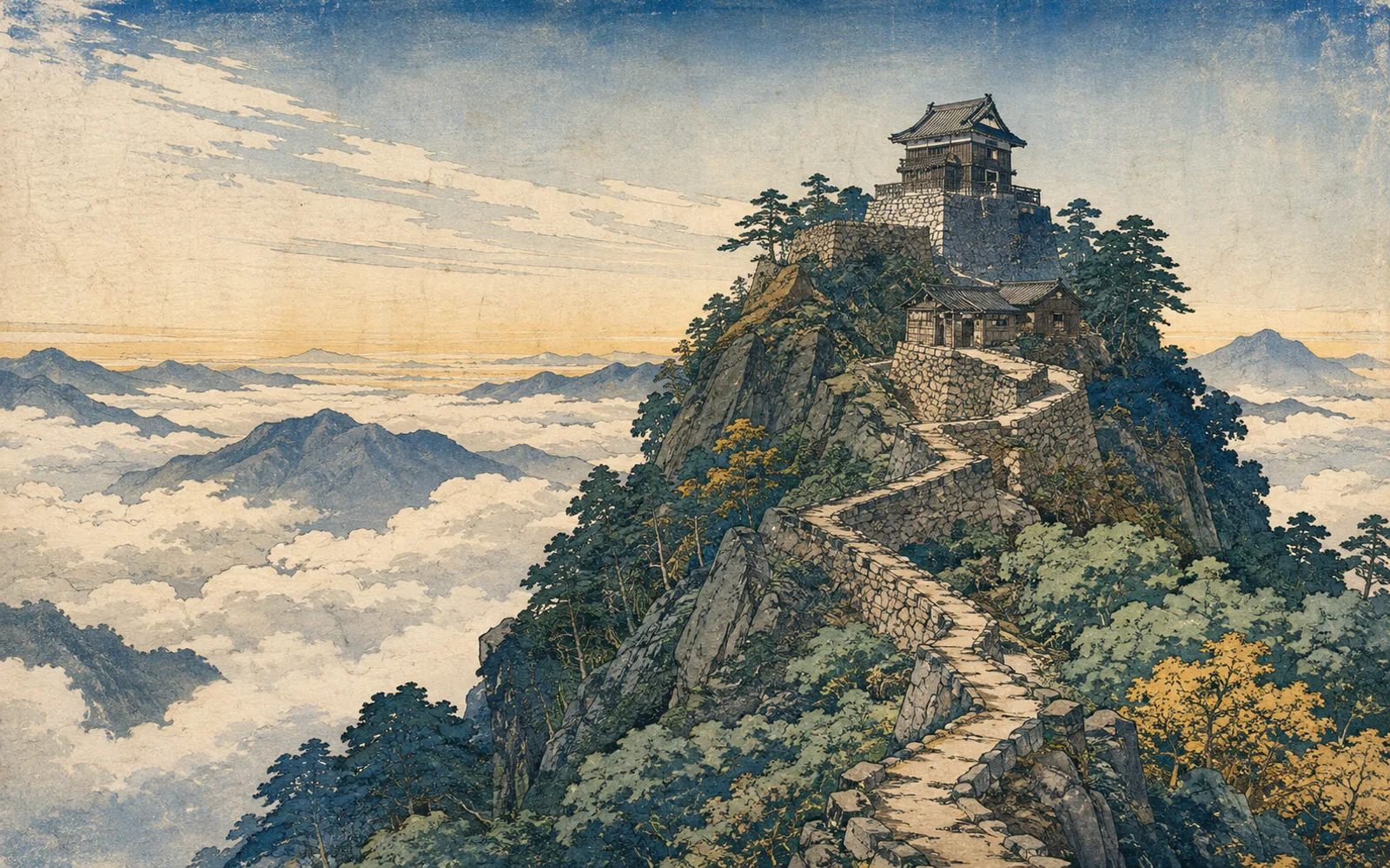 Interpretive illustration of Bitchū Matsuyama Castle above a cloud sea; not a site photograph.