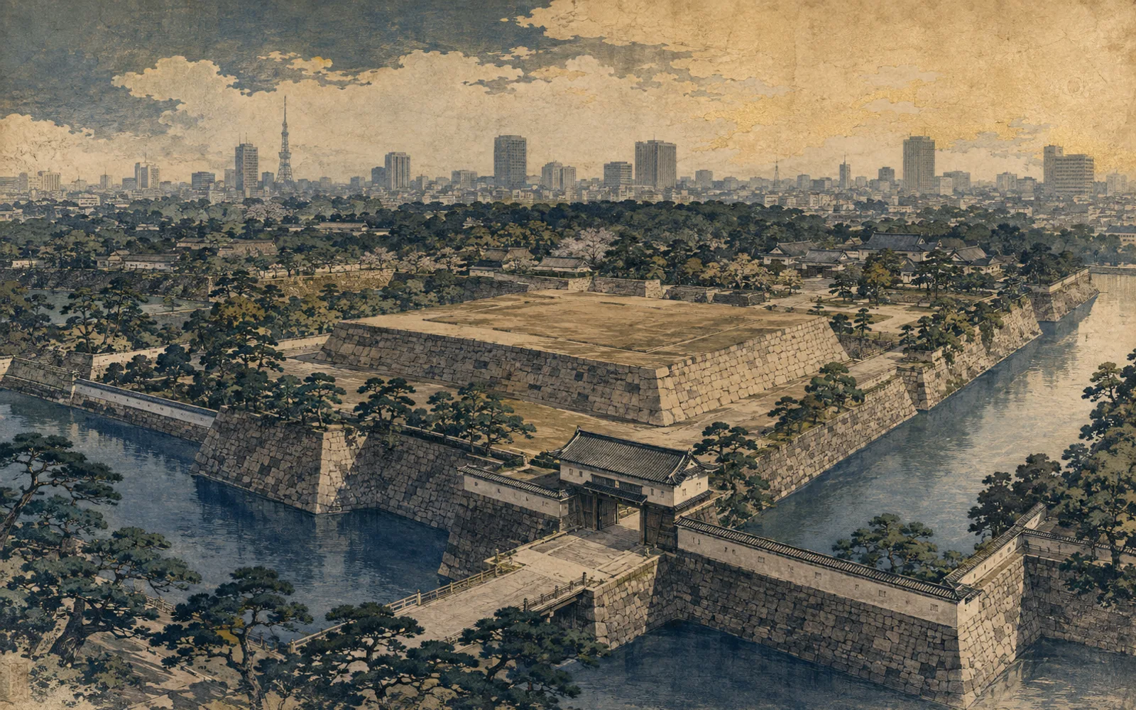 Interpretive illustration of Edo Castle moats, stone walls and keep base; not a site photograph.