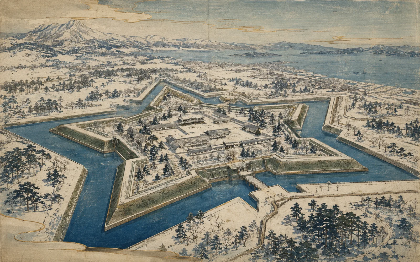 Interpretive illustration of Goryōkaku's star-shaped fort and moats; not a site photograph.