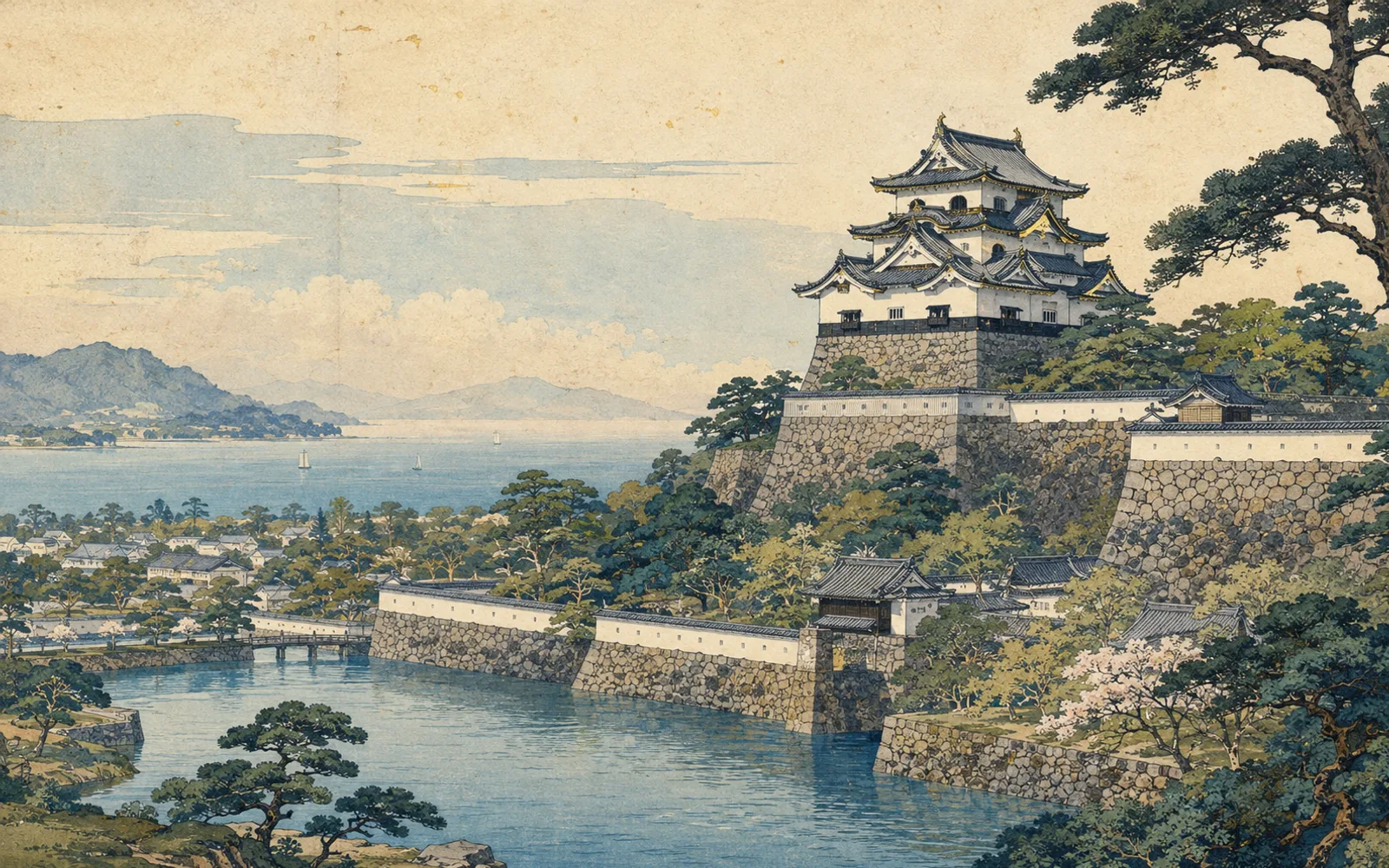 Interpretive illustration of Hikone Castle, moats and Lake Biwa haze; not a site photograph.