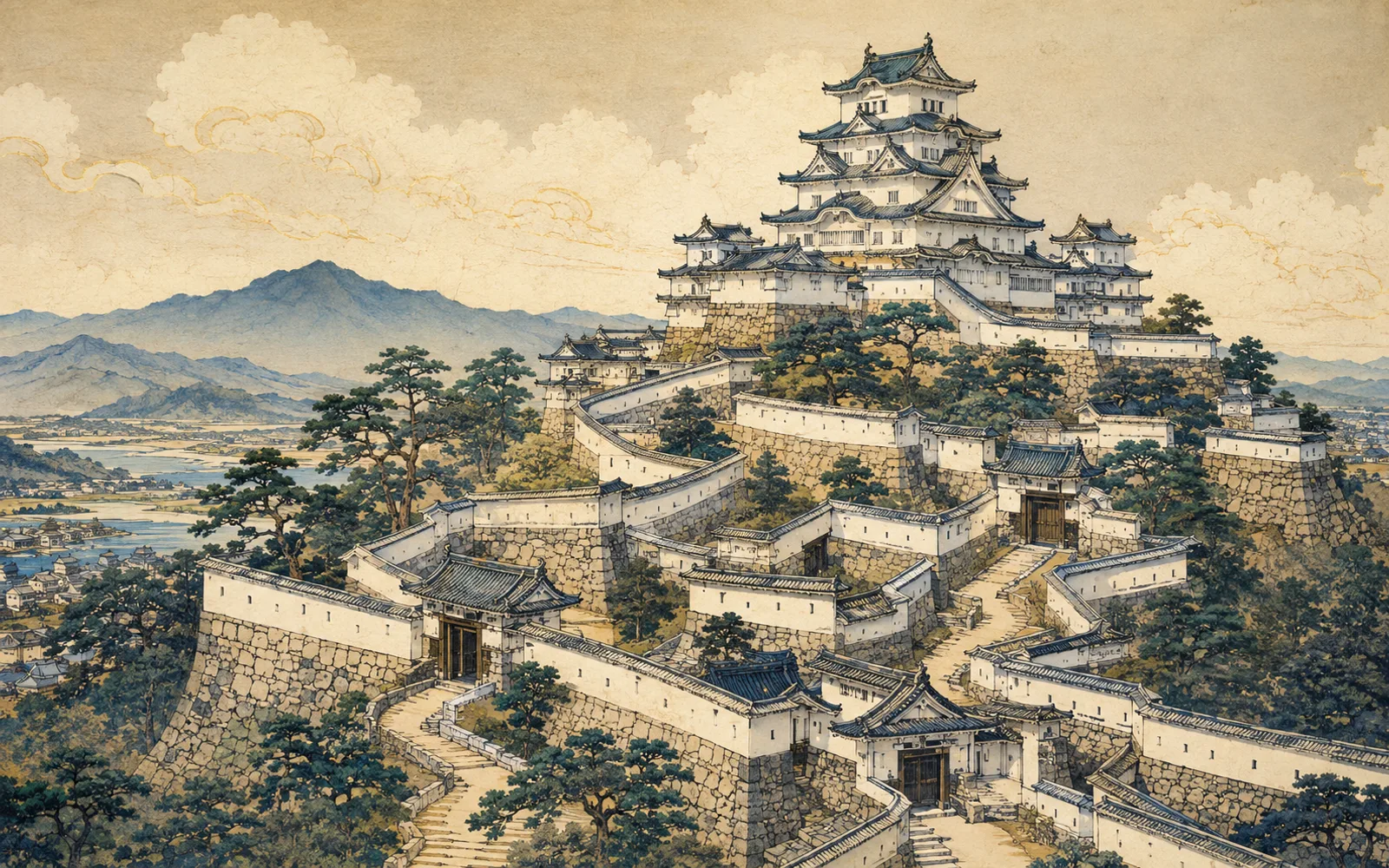 Interpretive illustration of Himeji Castle and its defensive walls; not a site photograph.