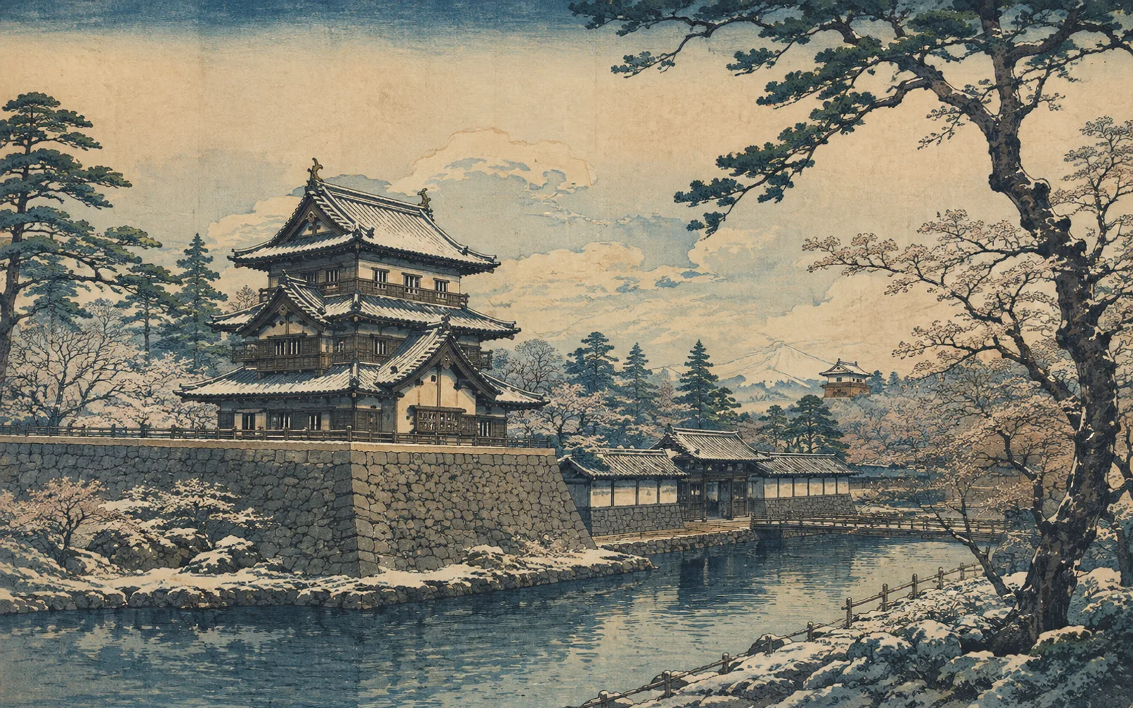 Interpretive illustration of Hirosaki Castle above moat and parkland; not a site photograph.