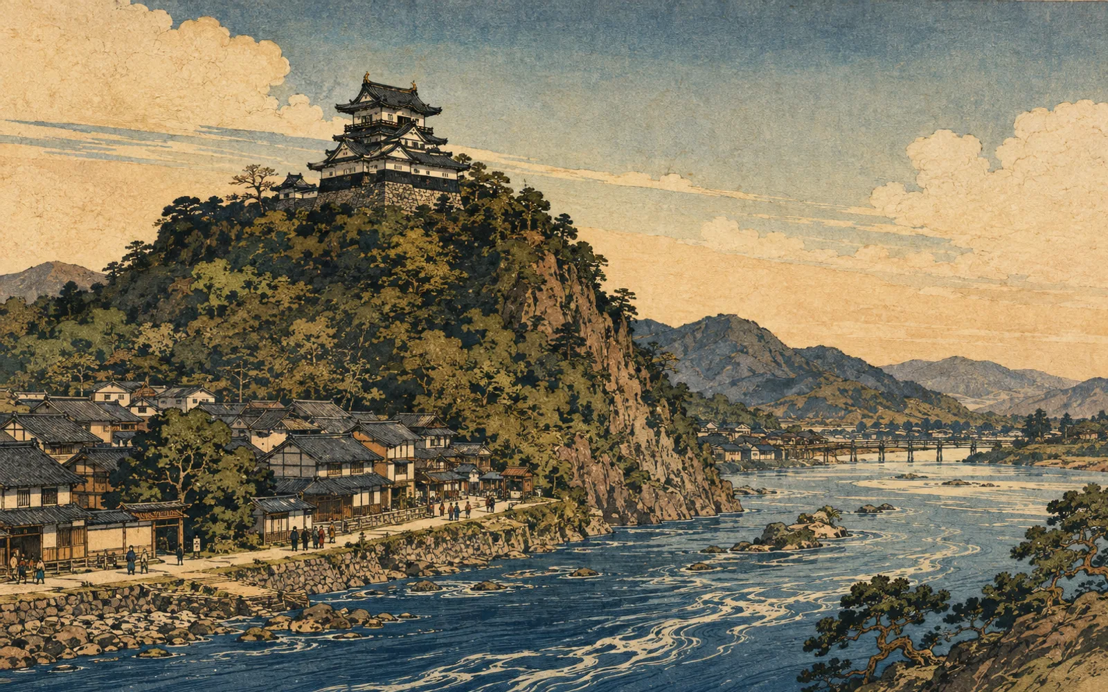 Interpretive illustration of Inuyama Castle above the Kiso River; not a site photograph.