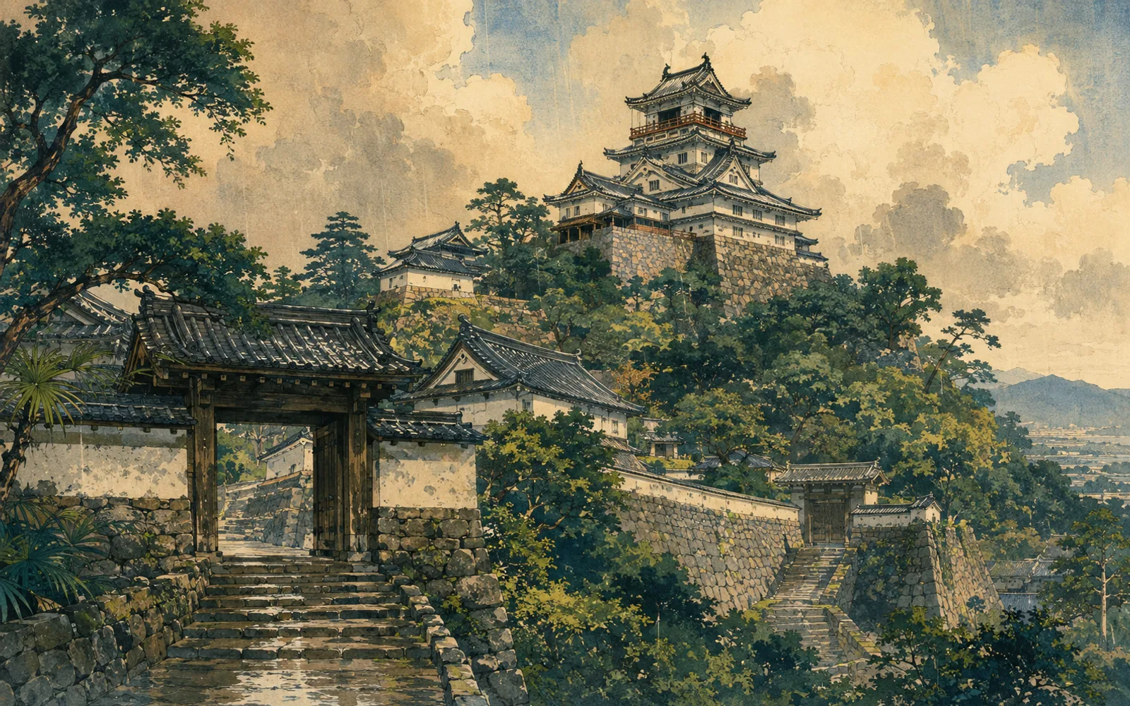 Interpretive illustration of Kōchi Castle above stone stairs and gates; not a site photograph.