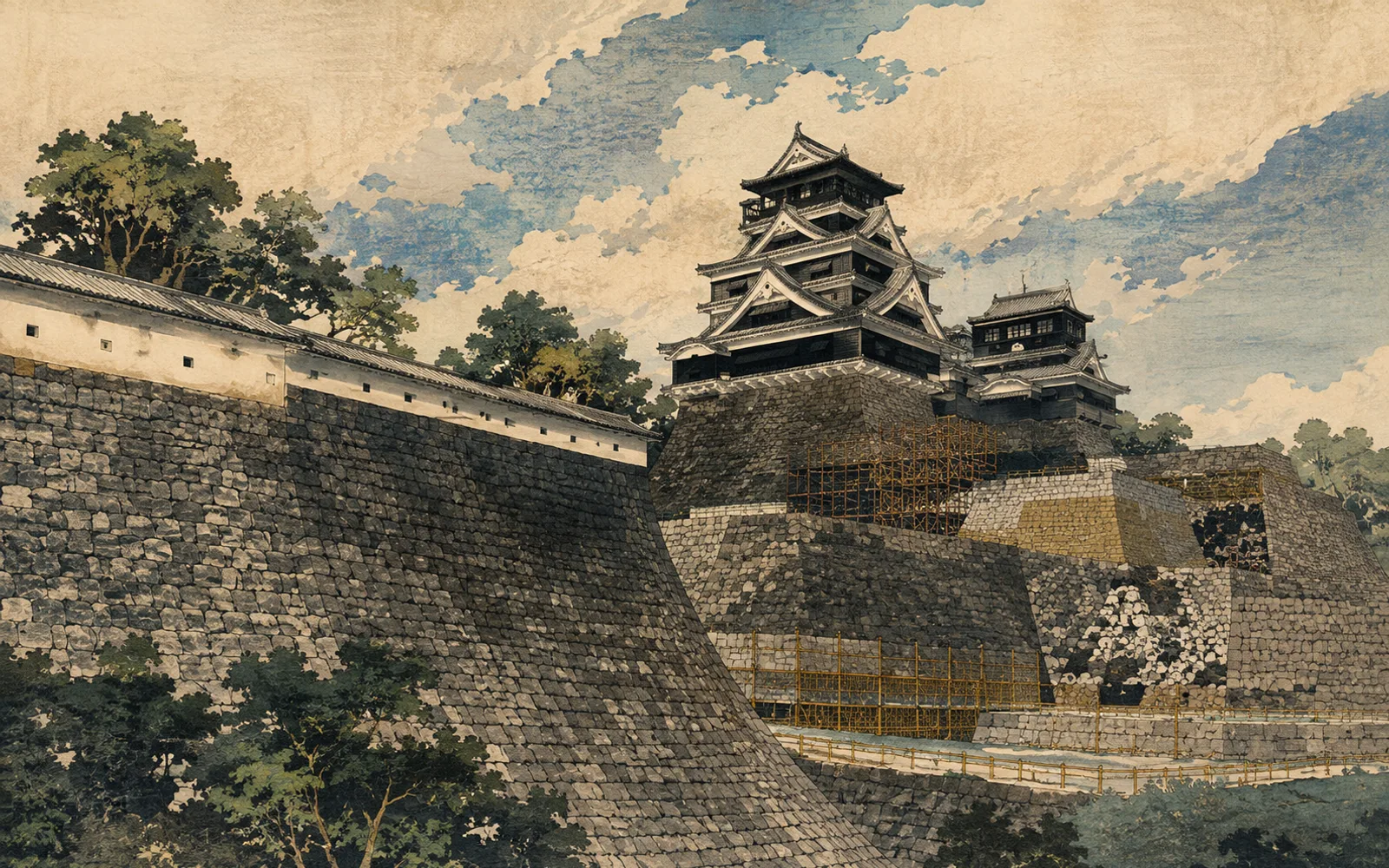 Interpretive illustration of Kumamoto Castle walls, reconstructed keep and restoration work; not a site photograph.