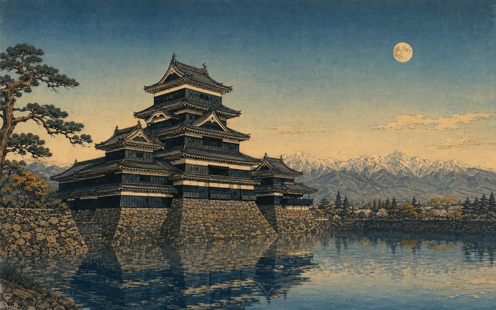 Interpretive illustration of Matsumoto Castle reflected in its moat; not a site photograph.