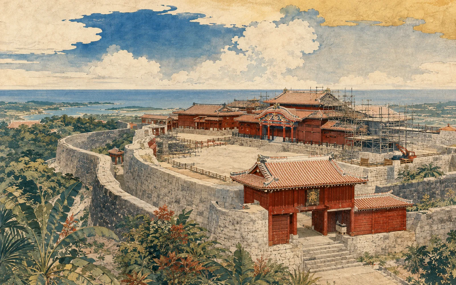 Interpretive illustration of Shuri Castle red palace structures and gusuku walls; not a site photograph.
