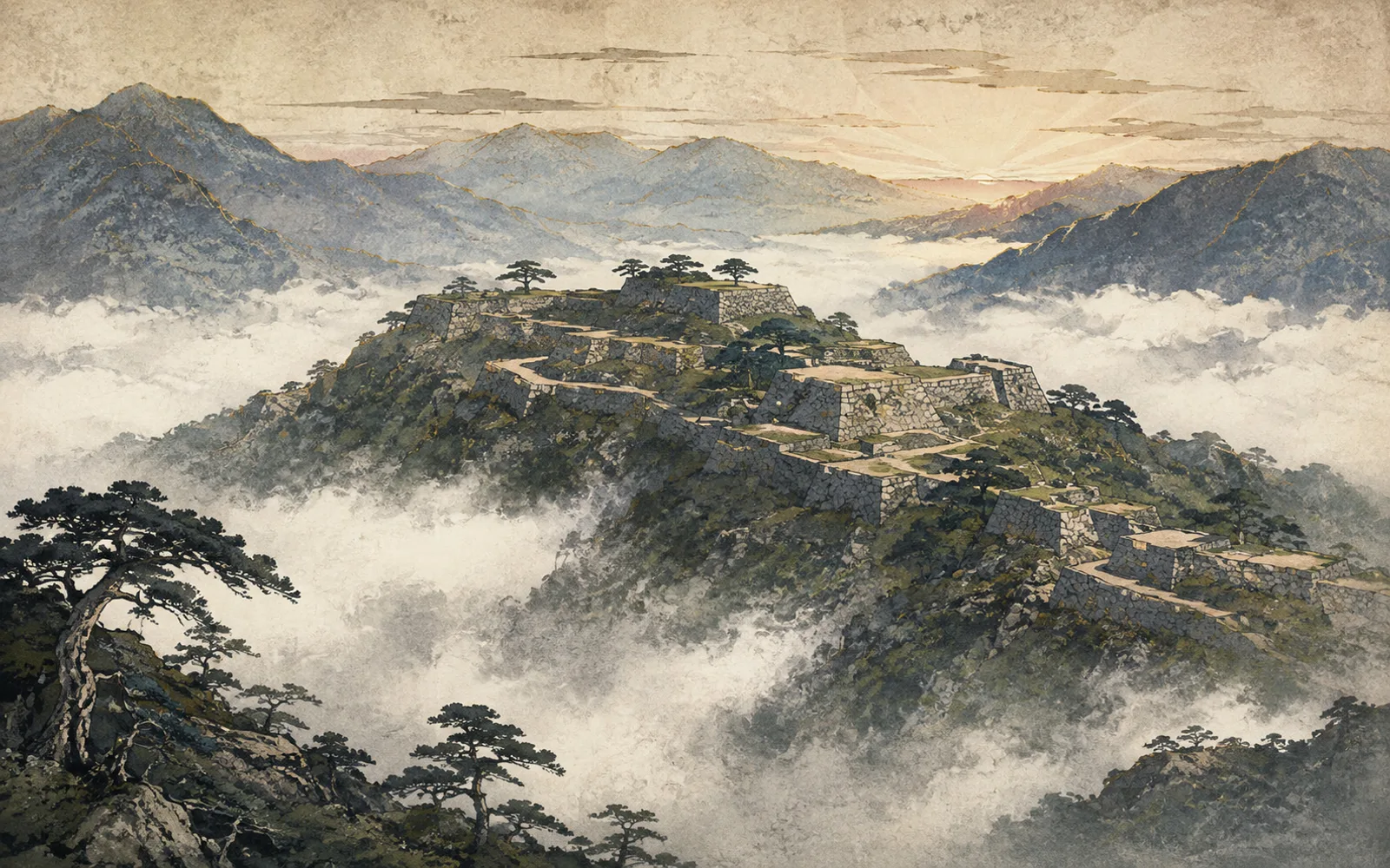 Interpretive illustration of Takeda Castle mountain ruins above mist; not a site photograph.