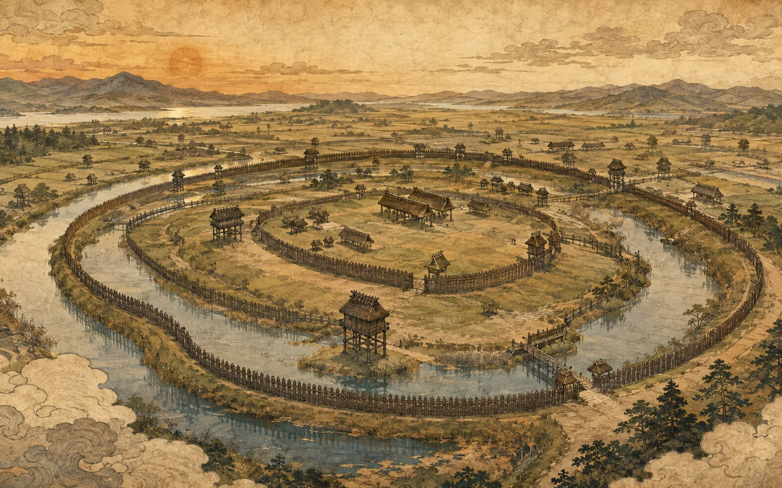 Interpretive illustration of Yoshinogari moated settlement and palisades; not a site photograph.