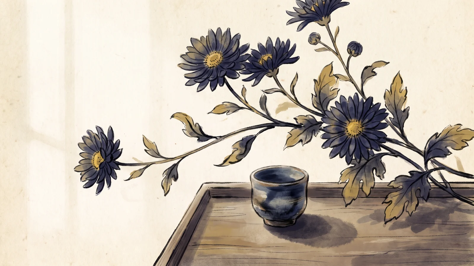 Museum-like illustration of chrysanthemums beside a traditional sake cup