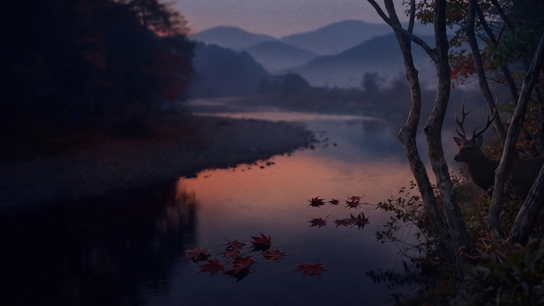 A sika deer half-seen among maples beside a quiet river at dusk