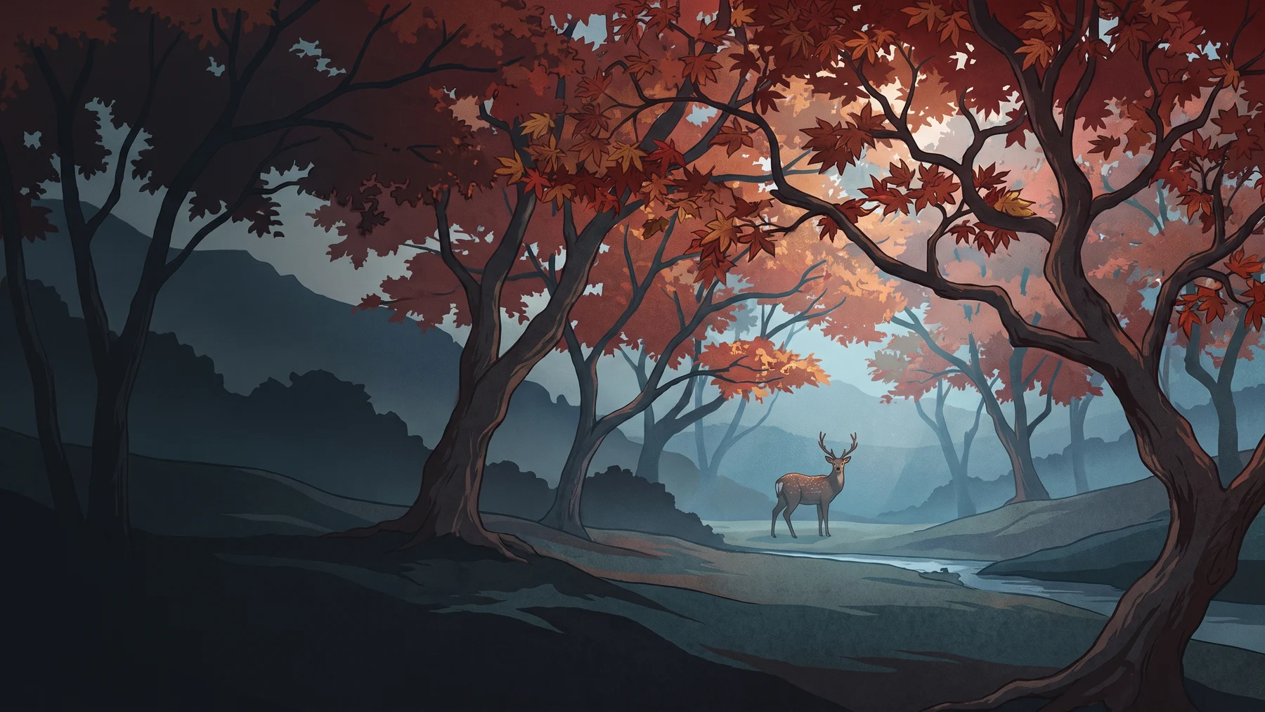 A deer beneath red Japanese maples in a layered autumn landscape