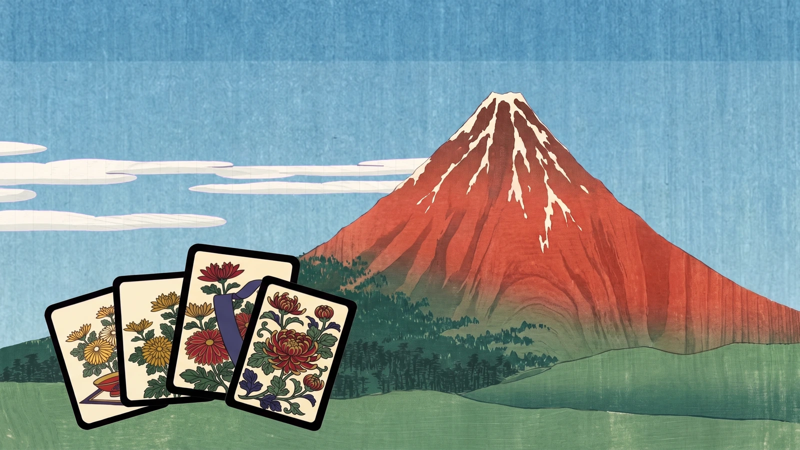 Four September Hanafuda cards beside the fully visible red slopes of Mount Fuji