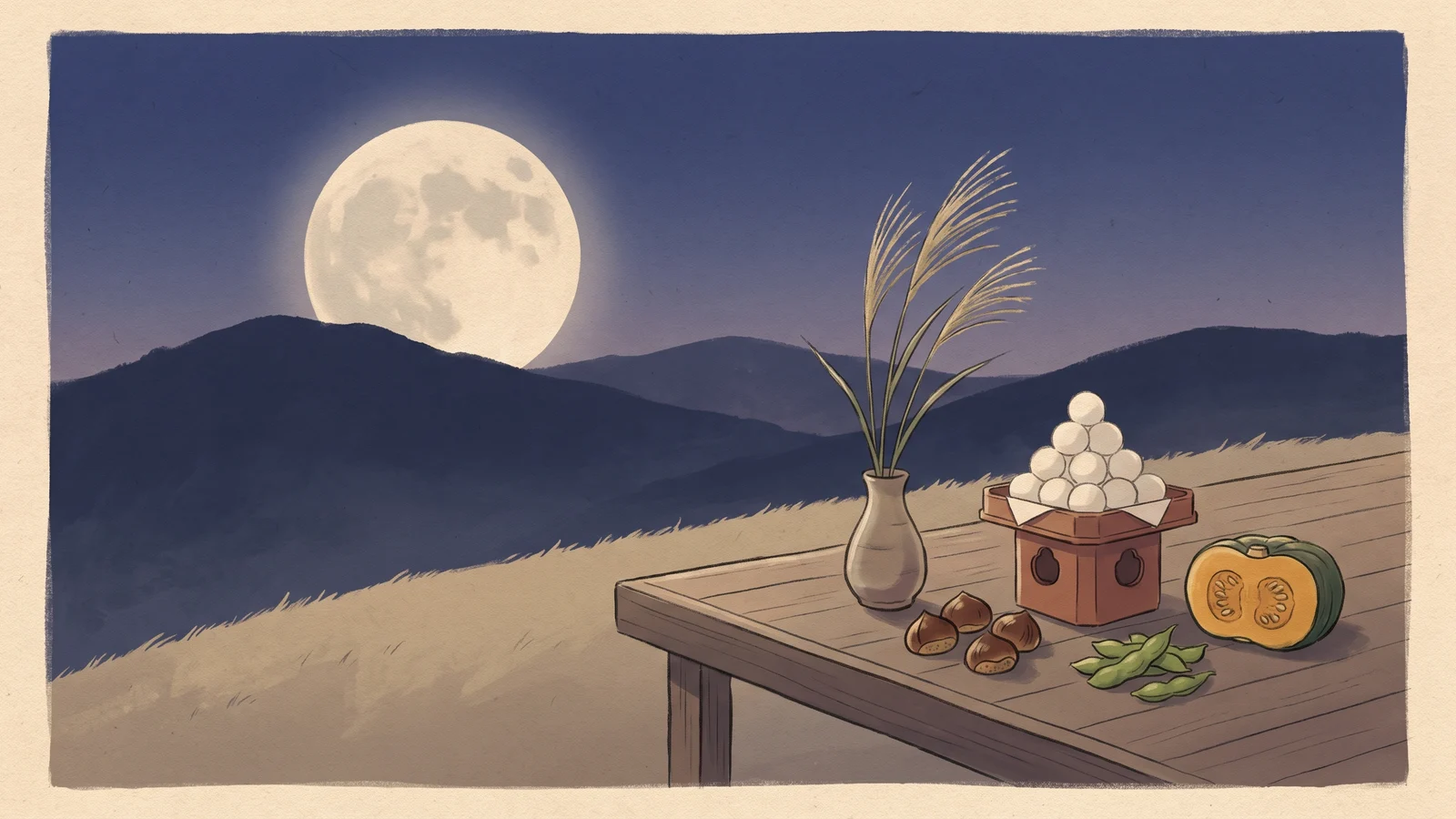 Editorial illustration of a quiet moon-viewing arrangement with susuki grass under an autumn moon