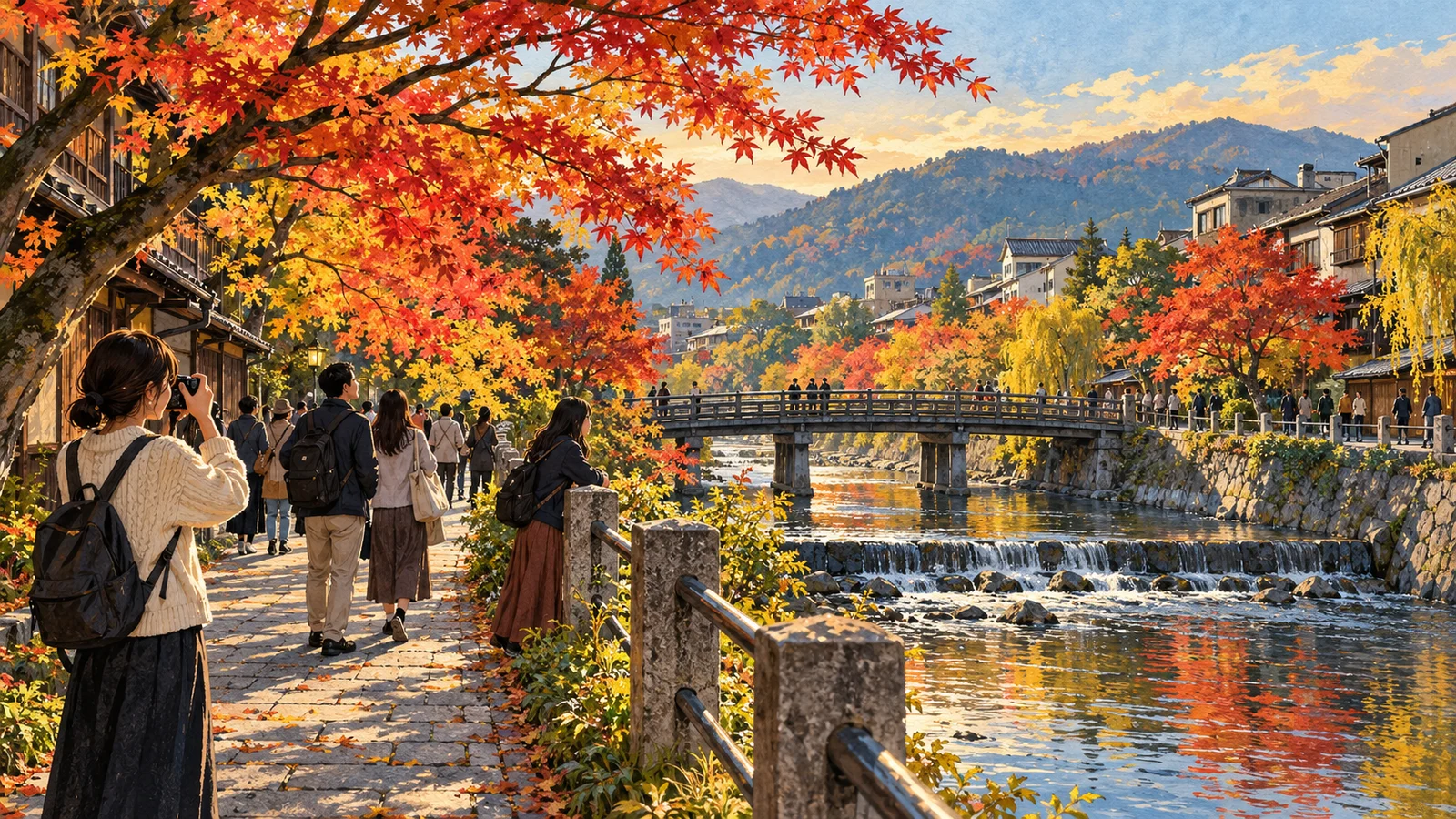 Visitors walking and photographing autumn maples along a Japanese riverside promenade