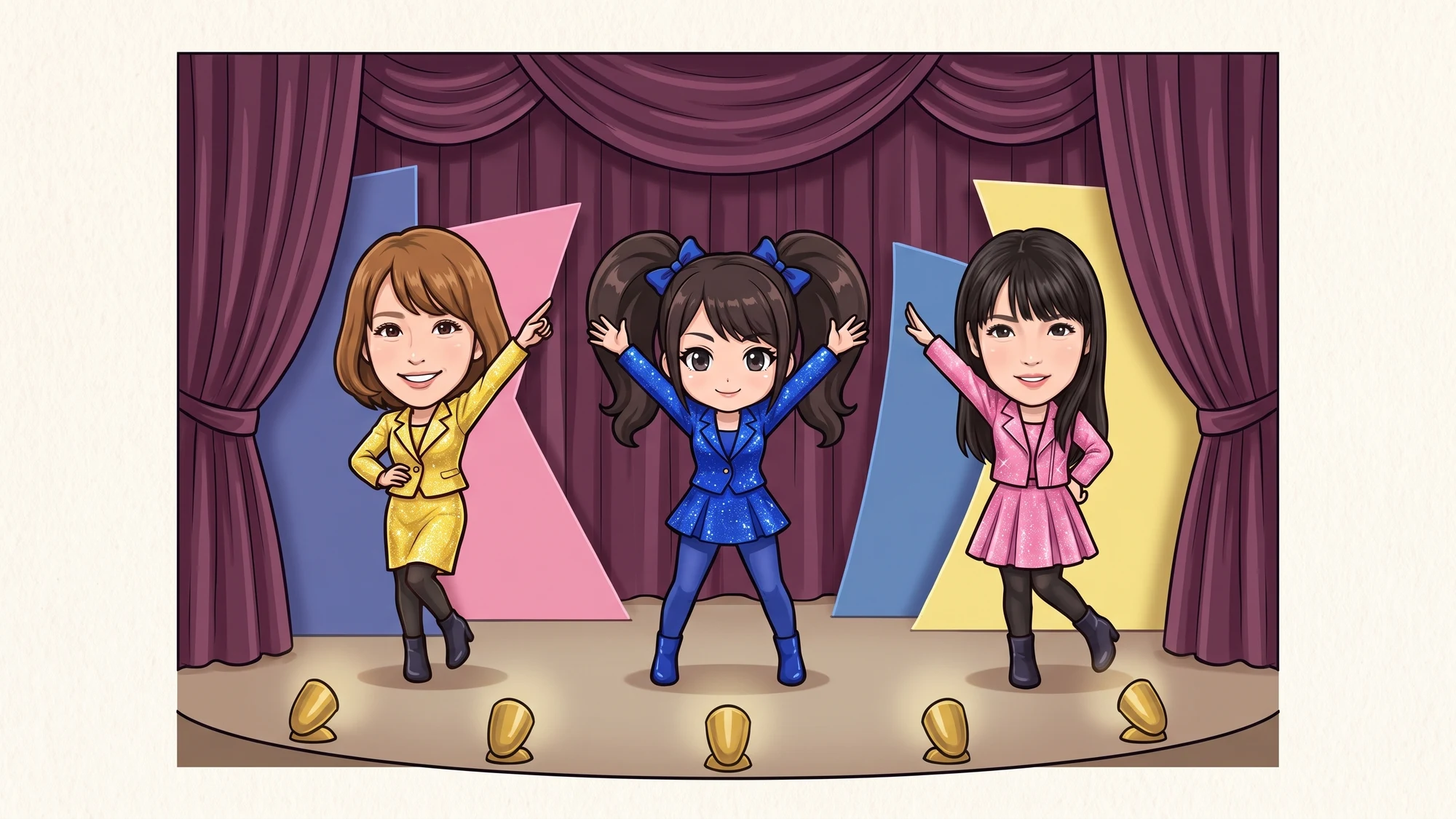 Illustrated Morning Musume alumni Ai Takahashi, Reina Tanaka and Sayumi Michishige perform together in gold, blue and pink.