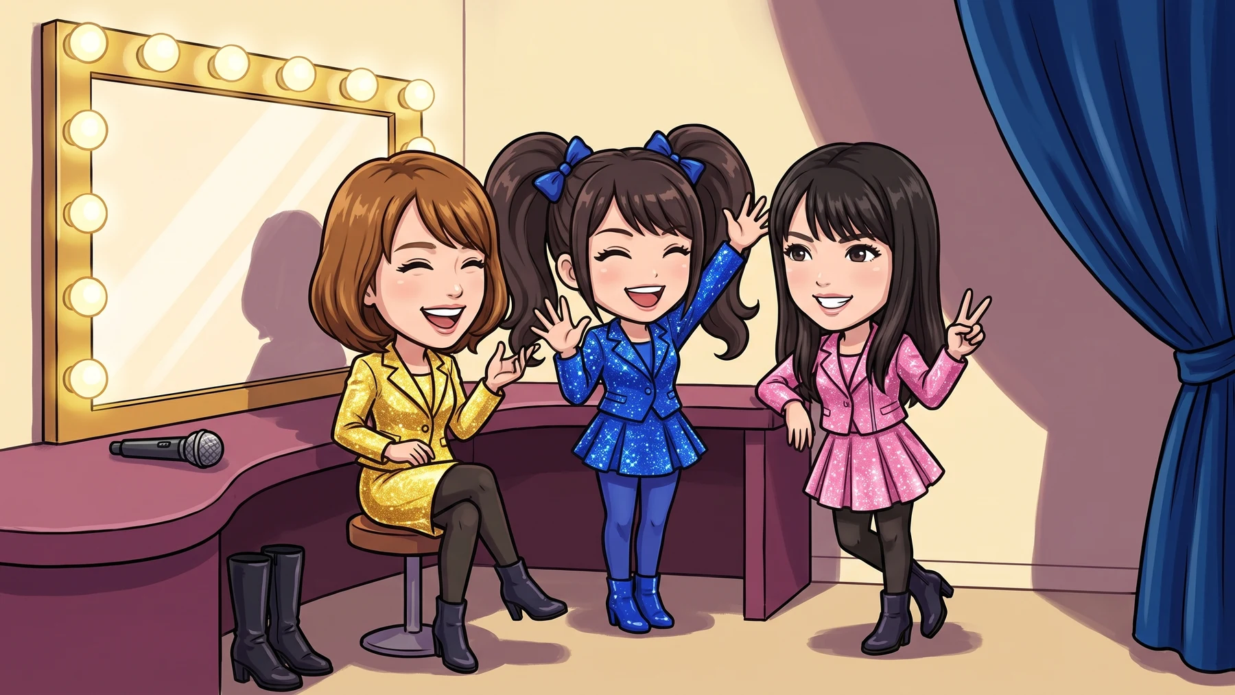 Illustrated Ai Takahashi, Reina Tanaka and Sayumi Michishige share a laugh backstage in gold, blue and pink costumes.