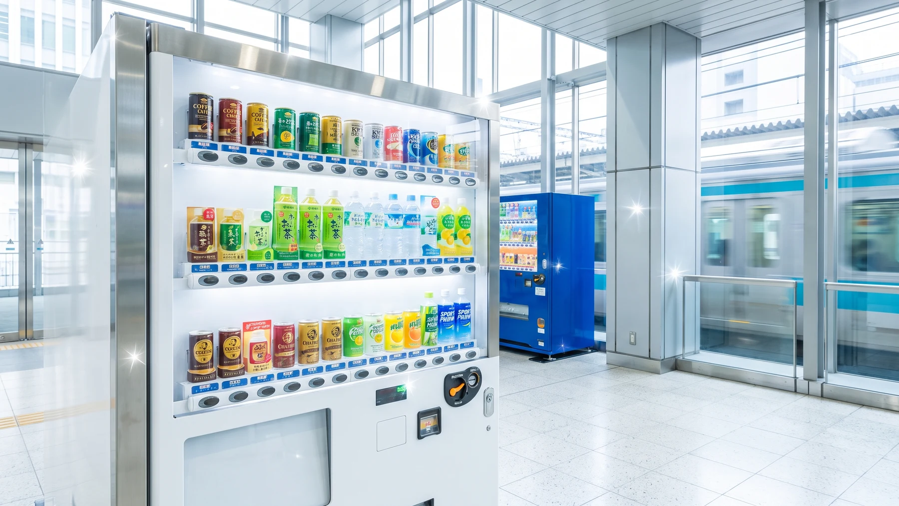 A new white and stainless-steel beverage vending machine with colorful drinks in a bright modern Japanese station, beside a passing train.