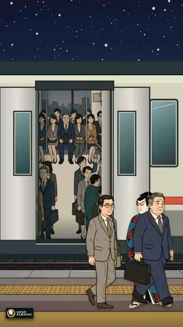 Commuters stream past Kocho at the last train.
