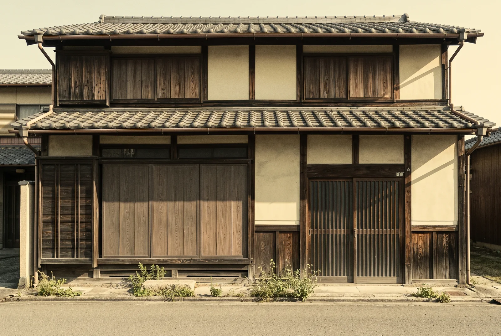 Interpretive illustration of a quiet, unoccupied wooden house in Japan.