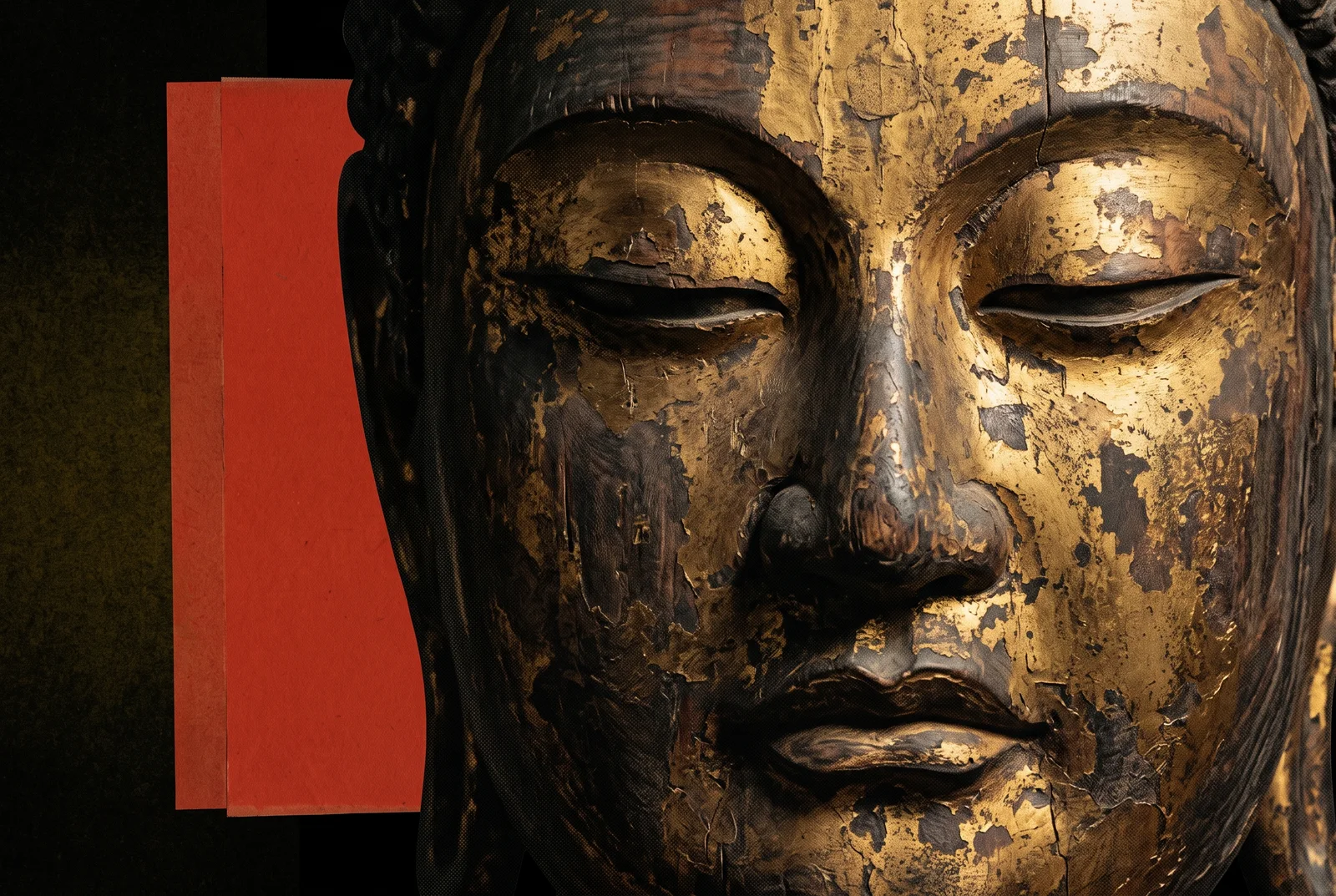 Interpretive illustration of a weathered gilt Buddha face.