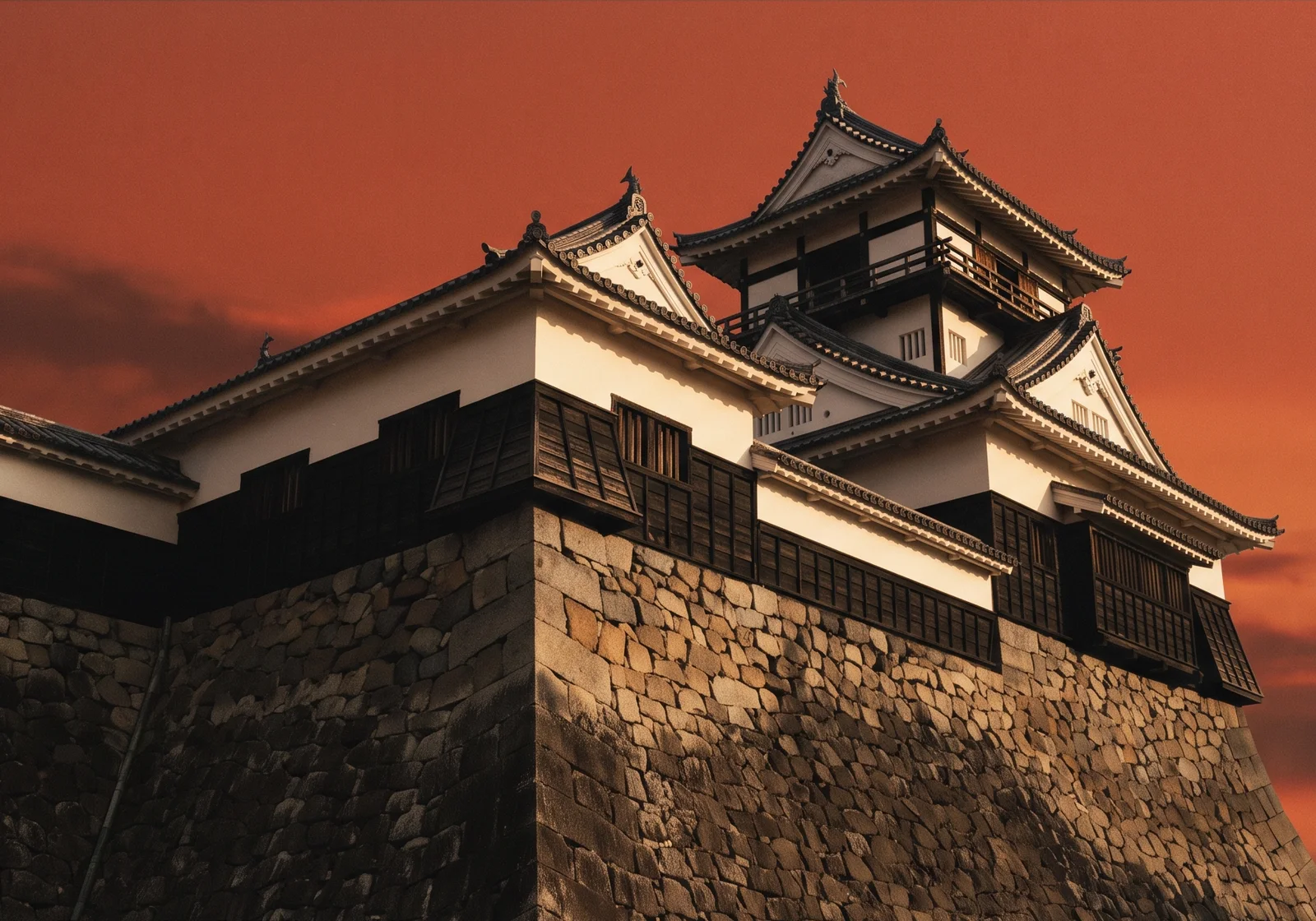Interpretive illustration of a Japanese castle above a steep stone foundation.